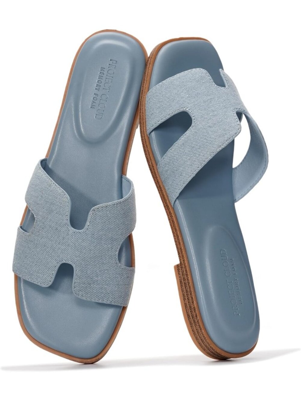 Women Light Denim Genuine Leather Sandals Flat Slides Mules Memory Foam Footwear